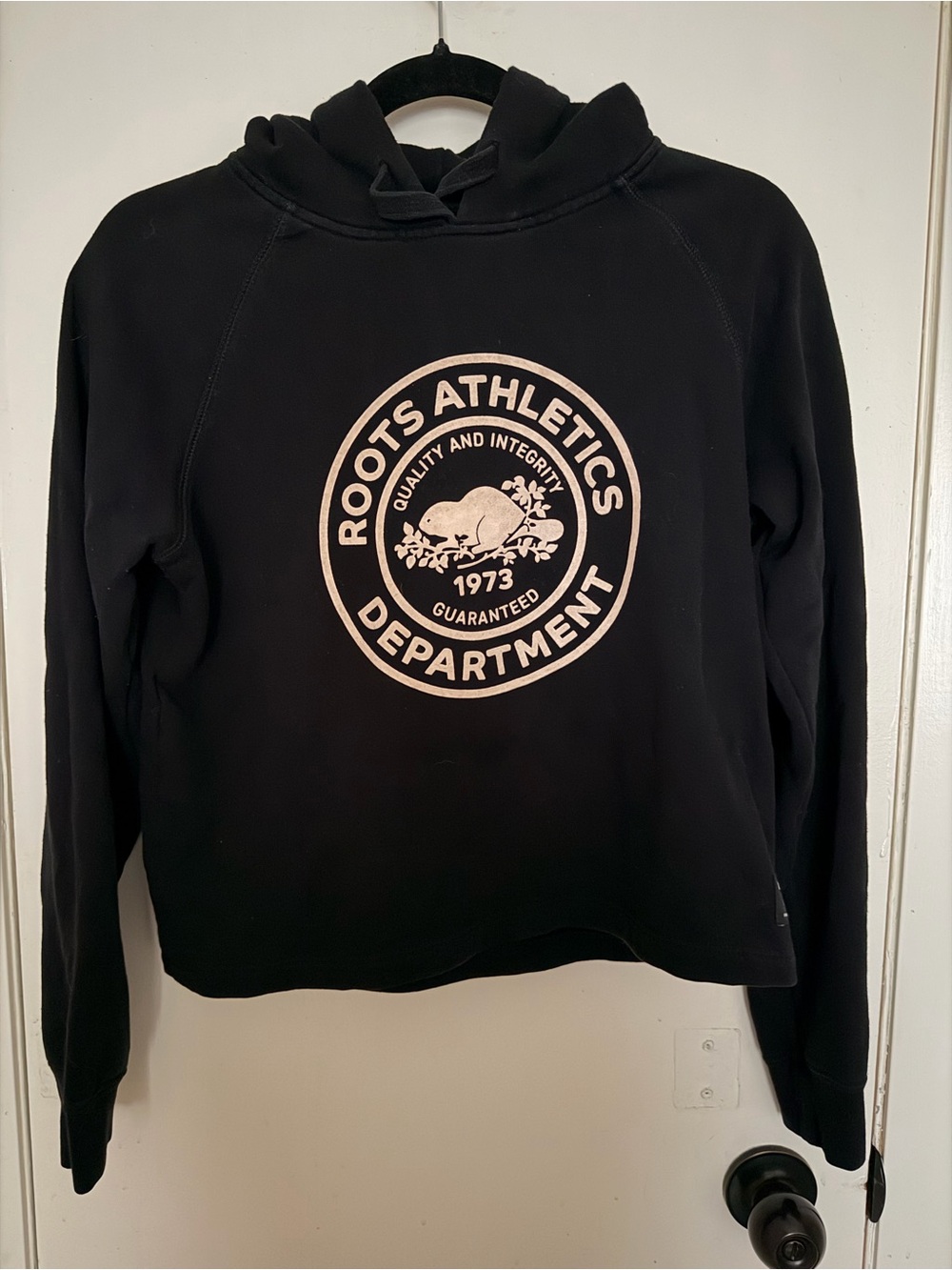 Roots Black Crewneck Hoodie with Cream Athletics Seal